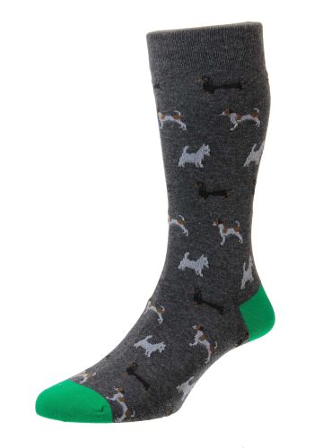 Bertie - All Over Dogs with Contrast Heel &amp; Toe Dark Grey Organic Cotton Men&#039;s Sock - Medium