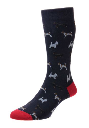 Bertie - All Over Dogs with Contrast Heel &amp; Toe Navy Organic Cotton Men&#039;s Sock-Medium