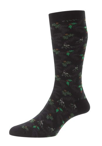 Fraser - Christmas Leaves Motif Black Organic Cotton Men's Socks - Medium